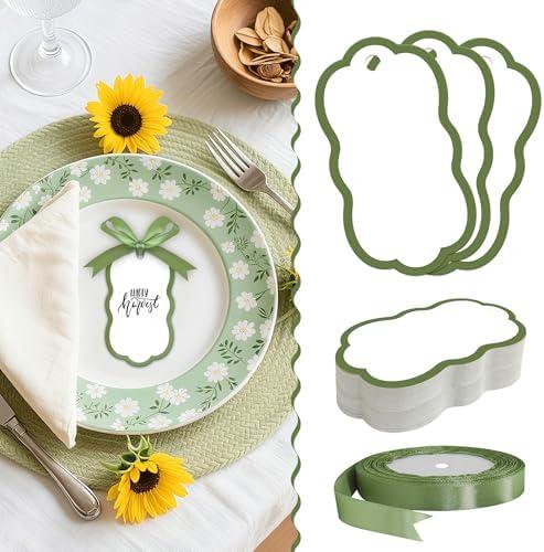 60Pcs Elegant Name Place Cards for Table Setting-1.96inx3.75in Unique Shape,Same Color Satin Ribbon,Ideal as Gift Tags and Place Cards for Weddings Banquets & Parties (Sage Green, Style 1)