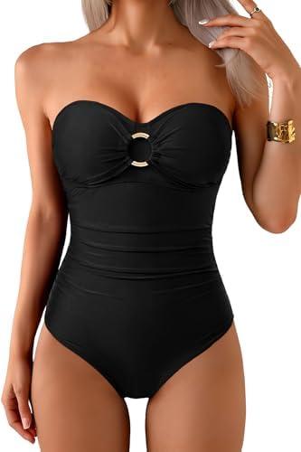 Daci Womens Black One Piece Swimsuit Tummy Control Moderate Coverage Bathing Suit 2025 Bandeau Strapless Swimwear M
