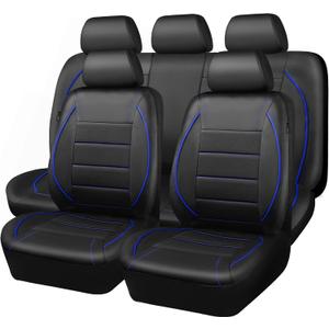 CAR PASS Universal FIT Piping Leather Car Seat Cover, for suvs,Van,Trucks,Airbag Compatible,Inside Zipper Design and Reserved Opening Holes (Full Set, Black and Blue)