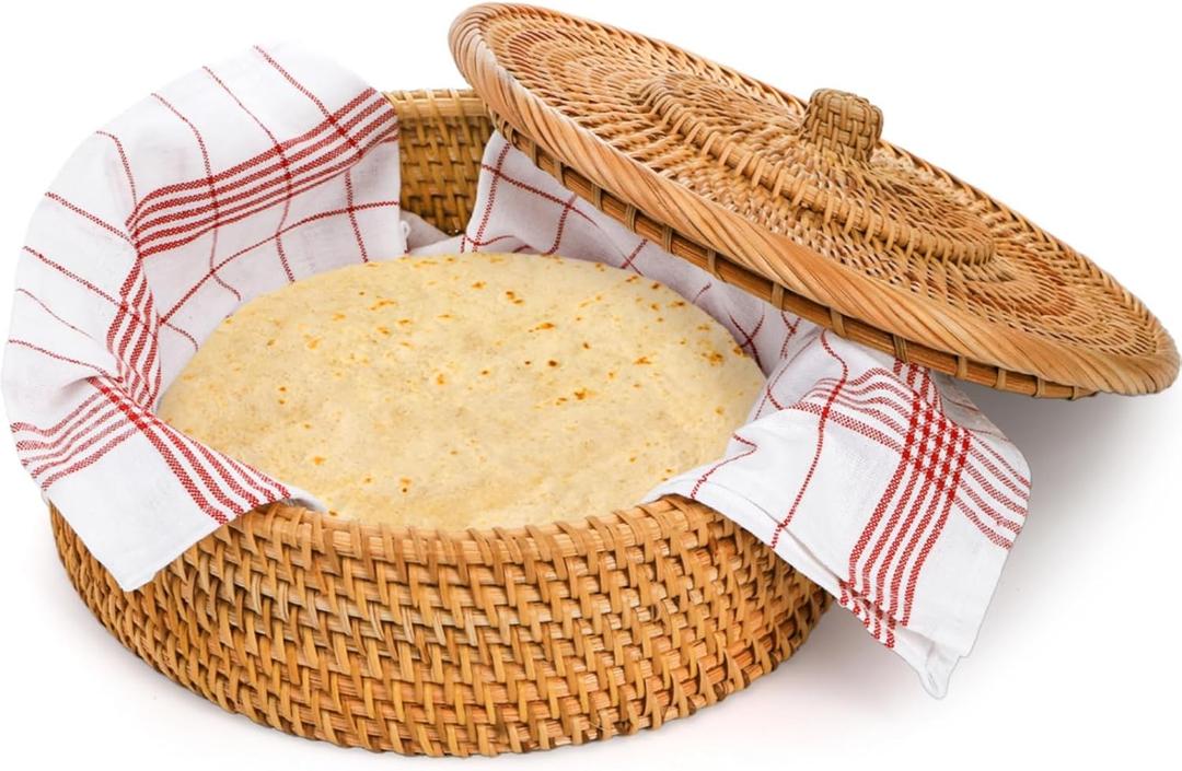 Rattan Tortilla Warmer, 10 Inches Handcrafted Tortilla Holder Basket with Removable Lid, Taco Shell Storage Container with Towel Cloth for Pancake Bread Mexican Party Taco Tuesday