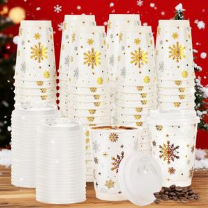 100 Pcs Christmas Coffee Cups with Lids 12oz Gold Foil Snowflake Paper Cups Insulated Cups for Xmas Hot Cocoa Beverage Winter Party Supplies Hot Chocolate Coffee Water Tea Xmas Holiday Supplie