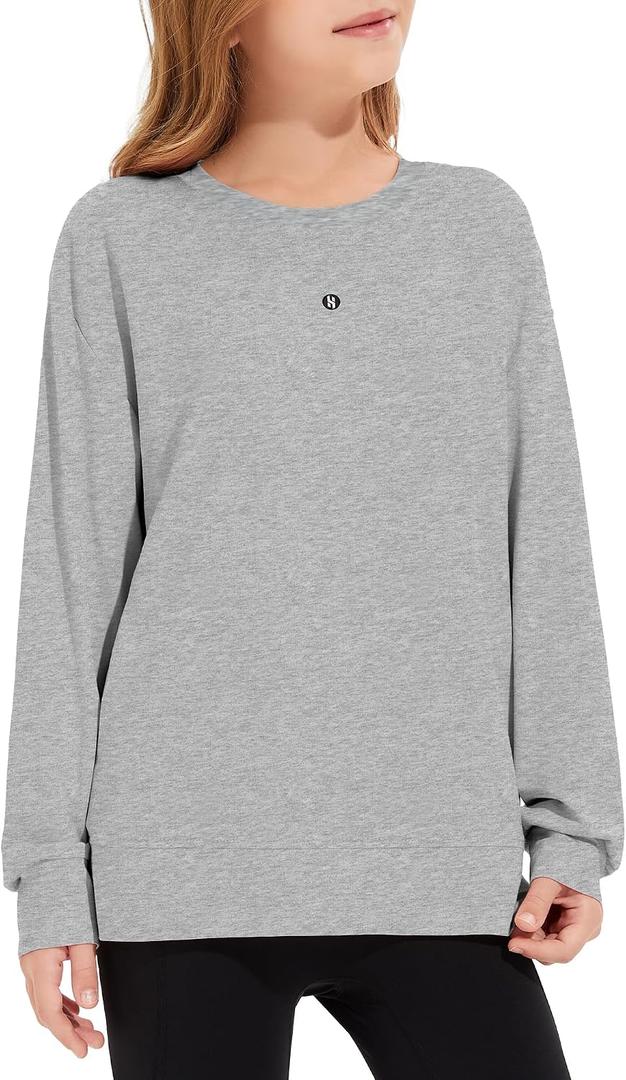 Girls Sweatshirt Crew Neck Plain Long Sleeve Casual Loose Pullover with Pockets Athletic Top (Gray, S)