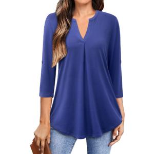 Bulotus 3/4 Length Sleeve Womens Tops Dressy Casual V Neck Collared Blouses Work Office Tunics 2026 Spring Summer (Medium, Blue)
