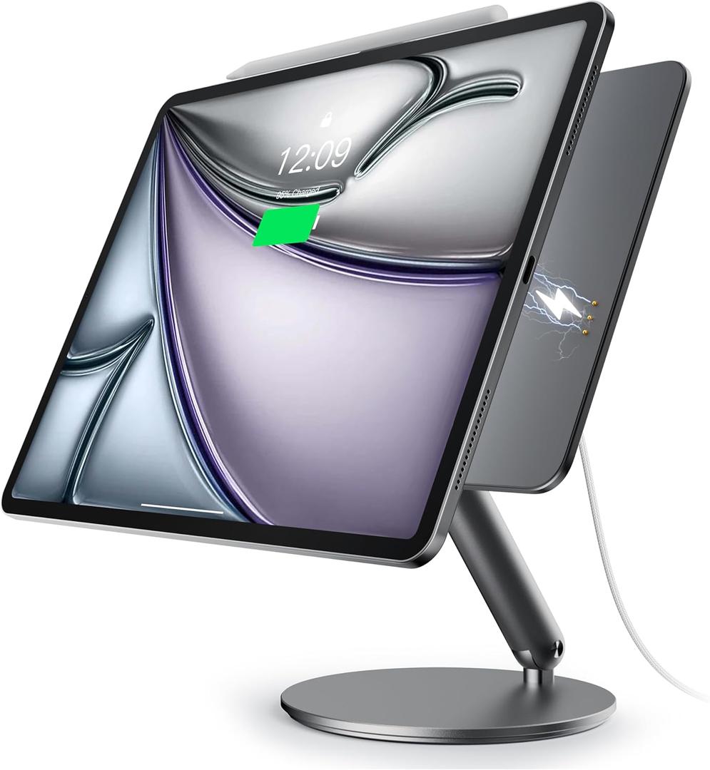 LULULOOK [Upgrade Magnetic Wireless Charging Stand for iPad Pro 12.9 3rd/4th/5th/6th, Foldable Aluminum Alloy Desk Arm Mount with 360 Rotating Base for iPad Air 13" M4(2026)/M3/M2, Cable Included