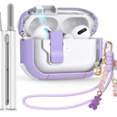 Clear Case for AirPods Pro 2nd/1st Generation Case, Secure Lock Case for Apple Airpod Pro 2&1 Gen Case Cover with Silicone Wrist Strap Cute Candy Keychain for Women, Purple