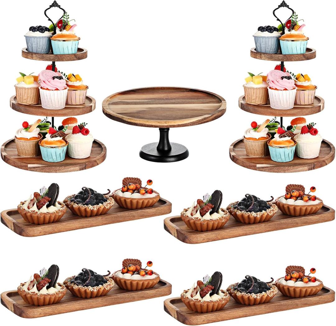 Havawish 7 Pcs Wood Dessert Table Display Set, 3 Tier Wooden Cupcake Stand Round Cake Stand Rectangular Serving Tray Platter for Display Tea Party Wedding Farmhouse(Natural Color)
