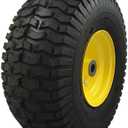 Marastar 15x6.00-6 Pneumatic, OEM Like Replacement Front Tire and Wheel Assembly, Compatible with John Deere Mowers, Turf Saver, 4PR Tube-Type Tire, Yellow Wheel, 3-Inch Offset Hub, 3/4-Inch Bushings