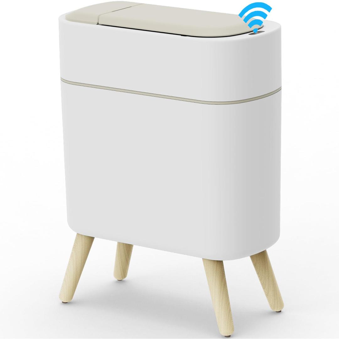 Yatmung Motion Sensor Bathroom Trash Can with Lid 2.5 Gal Smart Trash Bin - Waste Basket for Bedroom, Office, Living Room - Slim Bathroom Garbage Can Automatic Touchless - White with Wooden Legs (1 Pack)
