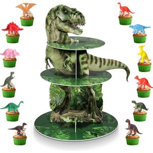 Censen 3 Tier Dinosaur Cupcake Stand Party Decorations Dinosaur Cupcake Holder 24 Pcs Dinosaur Figure Toys Cupcake Toppers Dinosaur Dessert Tower for Boys Dinosaur Jungle Theme Birthday Party Supplies