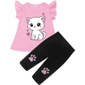 Popshion Little Girls 2 Piece Summer Outfits Flutter Sleeve T-Shirt and Cropped Capri Leggings Kids Clothes Short Sets 2-8t 3