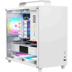 V500 Mini Portable M-ATX/ITX Computer Case, MINI-Tower CASE, Full Side Transparent DIY Desktop Case with Handle, Support 320MM GPU Size (White-2.0)