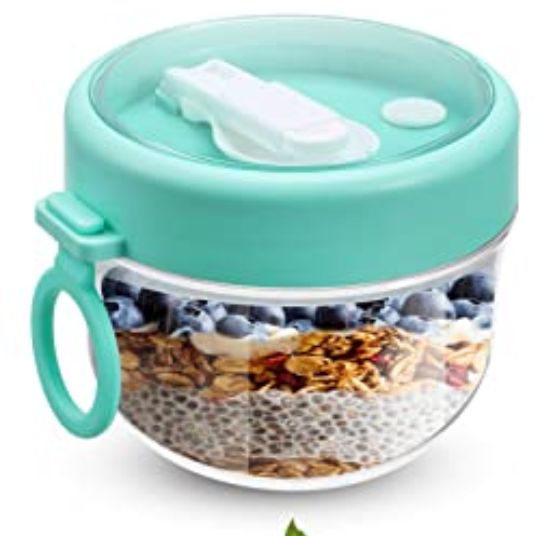 3 Pcs Overnight Oats Container with Lids and Spoons, 20 oz Plastic Overnight Oats Jars Large Capacity Airtight Yogurt Container for Milk, Fruit, Cereal and Salad Storage (Cyan)