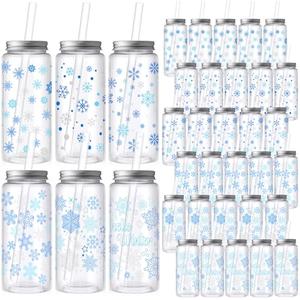 Skylety 30 Pcs Winter Plastic Cups with Lids and Straws 13.5 oz Snowflakes Reusable Plastic Cups Tumbler Winter Snowflakes Party Decor for Holiday Christmas Women Birthday Wedding Party Supplies