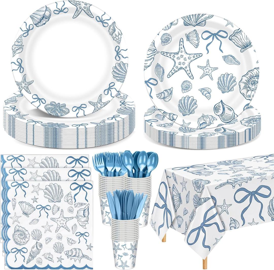 Havawish 120 Pcs Ocean Seashell Party Plates Supplies Blue Bow Beach Style Tableware with Starfish Coral Disposable Plates Napkins Cups Tablecloth Forks for Birthday Summer Coastal Party for 24 Guests