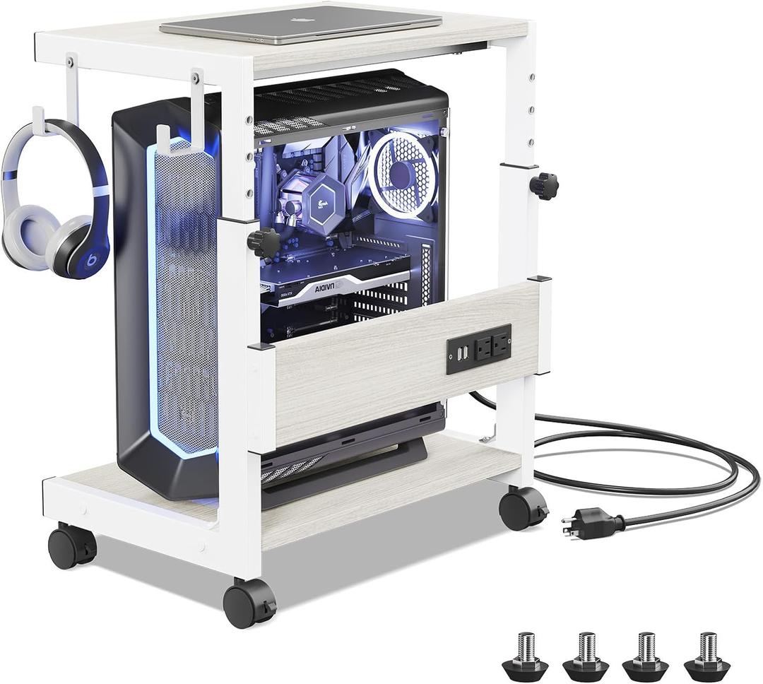 Computer Tower Stand with Charge Station and USB Charging Port - Height Adjustable PC Tower Stand, Under Desk CPU Holder Cart with Locking Caster Wheels for Fits Most PC (17.32", White)