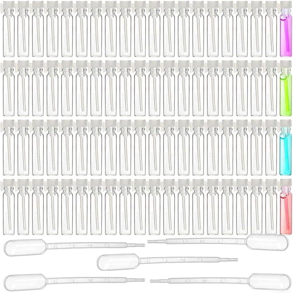 200Pcs Mini 1ml Clear Glass Perfume Sample Bottles with 5 Droppers, Empty Refillable Cologne Decant Bottles, Travel Tester Vials for Fragrance, Essential Oils, DIY Liquids