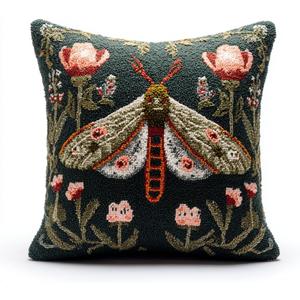 DIY Latch Hook Pillow Kit Beautiful Moth Portrait Surrounded by Flowers Easy for Beginners Color-Stamped Canvas Cushion 43x43cm Sofa Bedroom Decor Craft-76