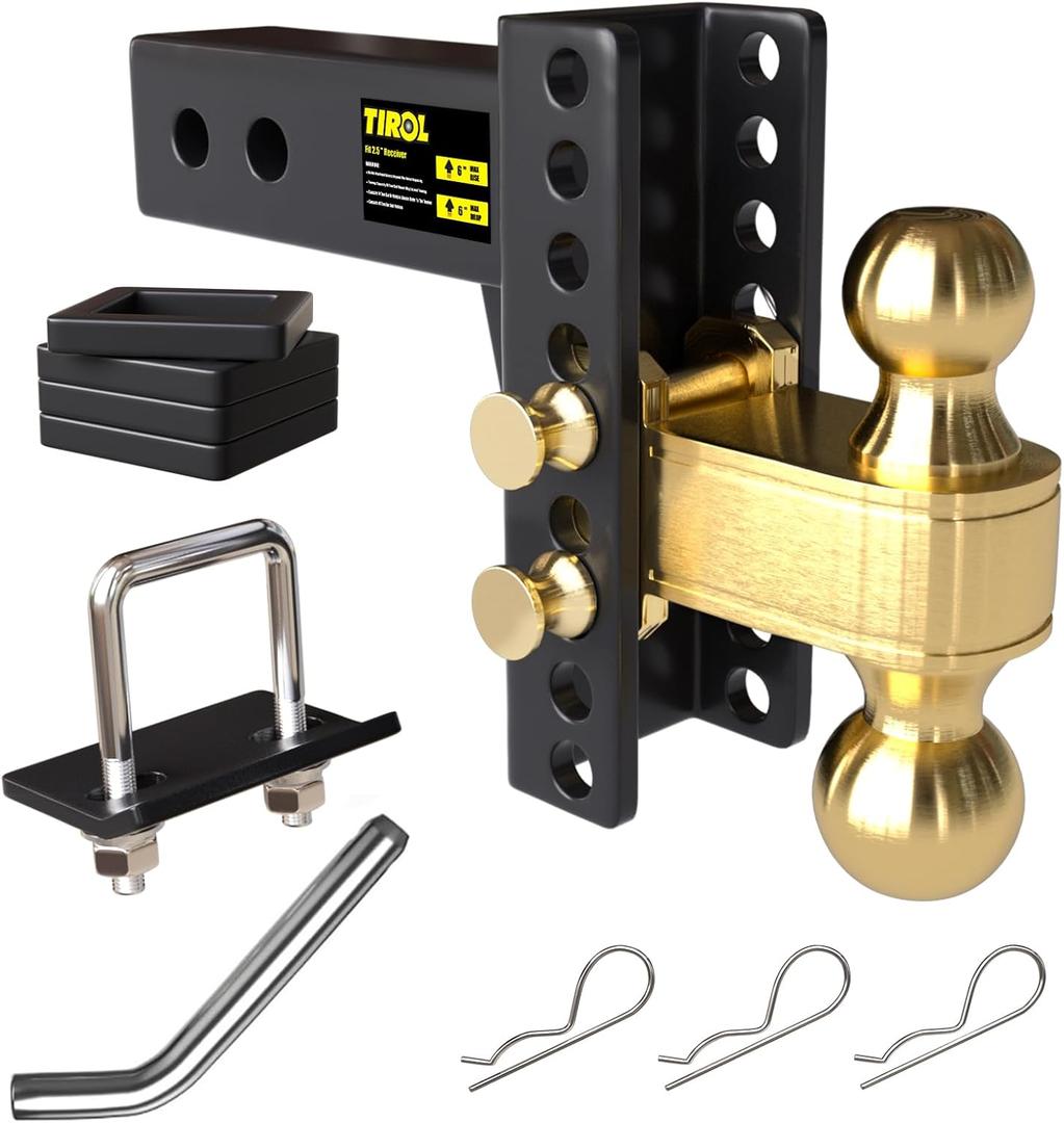 TIROL 2.5" Trailer Hitch, 2.5 inch Receiver Hitch, 2 5/16 Ball Hitch, 6 in Drop/Rise, Max 25000 LBS, Heavy Duty Adjustable Hitches for Truck, Camper, Boat, RVs, Class 4, 5