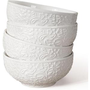 Artena Ceramic Cereal Bowls 26 oz, Embossment Soup Bowls Set of 4, White Salad Bowl for Kitchen, Dinner, Breakfast, Oatmeal, Rice, Pasta, Dishwasher Microwave Safe, 6 inch (Flower)