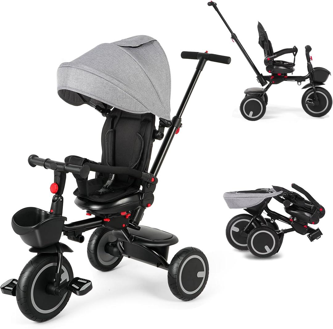 Baby Tricycle, 6-in-1 Folding Kids Trike with Removable Push Handle, Rotatable Seat, Adjustable Canopy, Storage Box, Safety Harness, Balance Bike, Toddler Trike for 7 Months - 5 Year Girls and Boys (Grey)