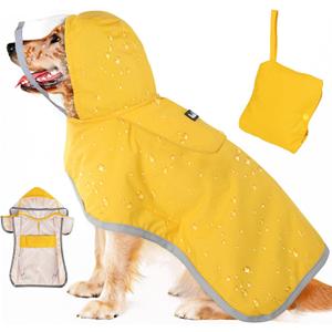 SlowTon Dog Raincoat, Adjustable Dog Rain Jacket Clear Hooded Double Layer, Waterproof Poncho with Reflective Strip Straps and Storage Pocket for Small Medium Large Dog (Yellow XL)