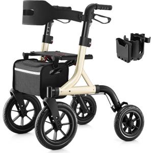 Walkers for Seniors, Rollator Walker with Seat, 12" Big Rubber Wheels All Terrain Rollator Walker with Backrest, Built-in Cable, Cup Holder, Foldable and Height Adjustment for Seniors, Gold