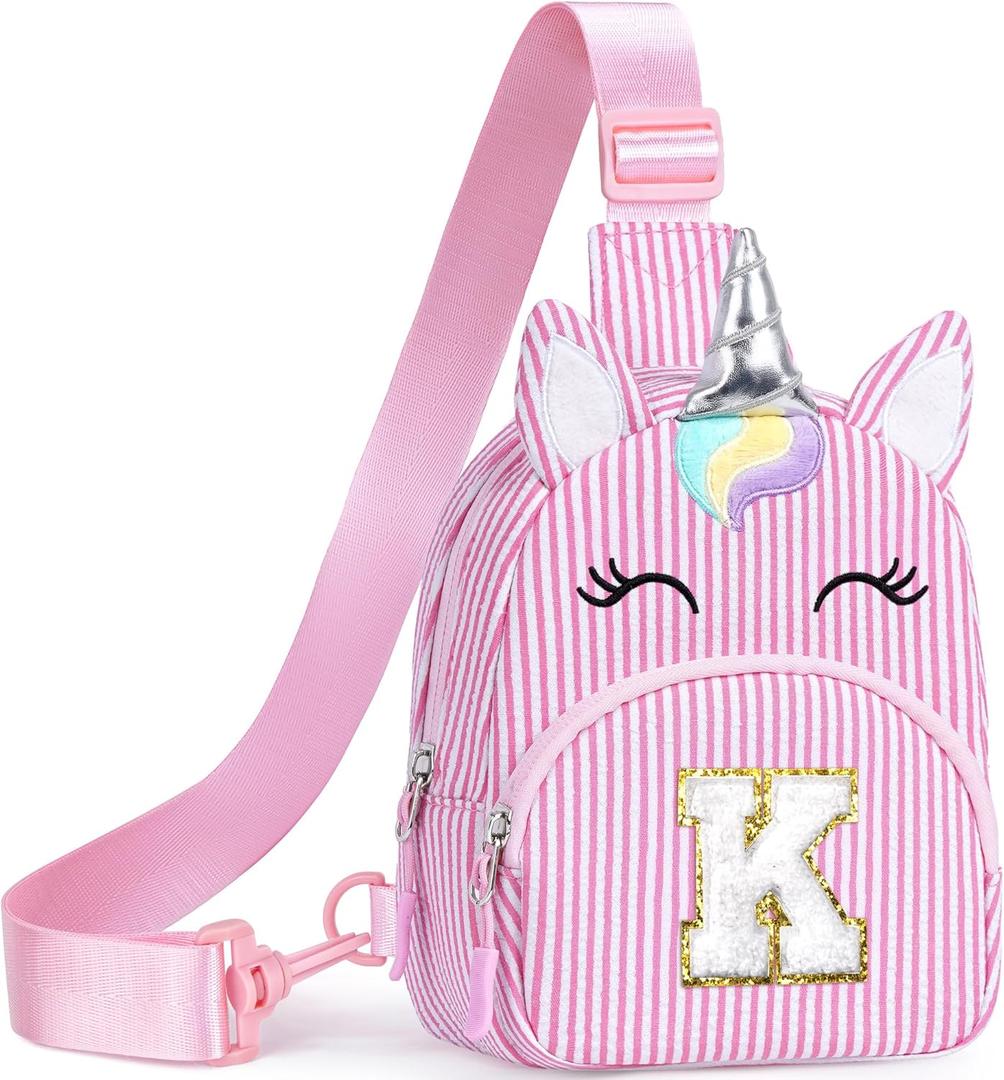 YOOLIFE Birthday Gifts for 2 3 4 5 6 7 8 Year Old Girls, Small Initial Sling Bag Personalized Fanny Pack for Girls, Unicorn Crossbody Bag Purse Cute Gifts for Little Girl, Pink (K)