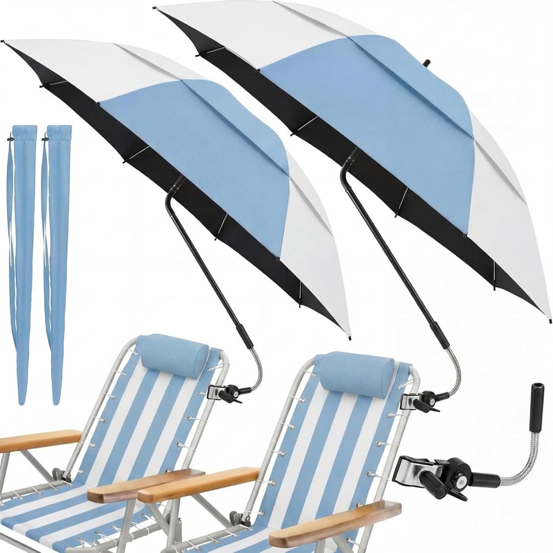 Abbylike 2 Pack 48.6" Double Canopy Umbrella with Clamp UPF50+ Beach Chair Umbrella with Clip 360°adjustable Portable Outdoor Wheelchair Patio Golf Carts Camping