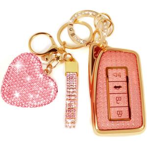Key Fob Cover with Diamond Bling Keychain, Compatible with Lexus RX ES GS NX RS LX RC LC IS RCF Series 2013-2021 etc, TPU Smart Key Case and Rhinestone Heart for Women (Pink)