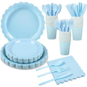 175 Pcs Light Blue Paper Plates and Napkins, Boy Baby Shower Decorations Include Blue Scalloped Plates Napkins Cups for Kindergarten Graduation, Birthday, Bridal Shower, Wedding