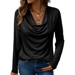 EVALESS Long Sleeve Shirts for Women Fall Womens Tops Spring Cowl Neck Draped Blouses Tee Professional Teacher Outfits for Work Office Formal Business Casual Outfits Loose Fitted (Black, Large)