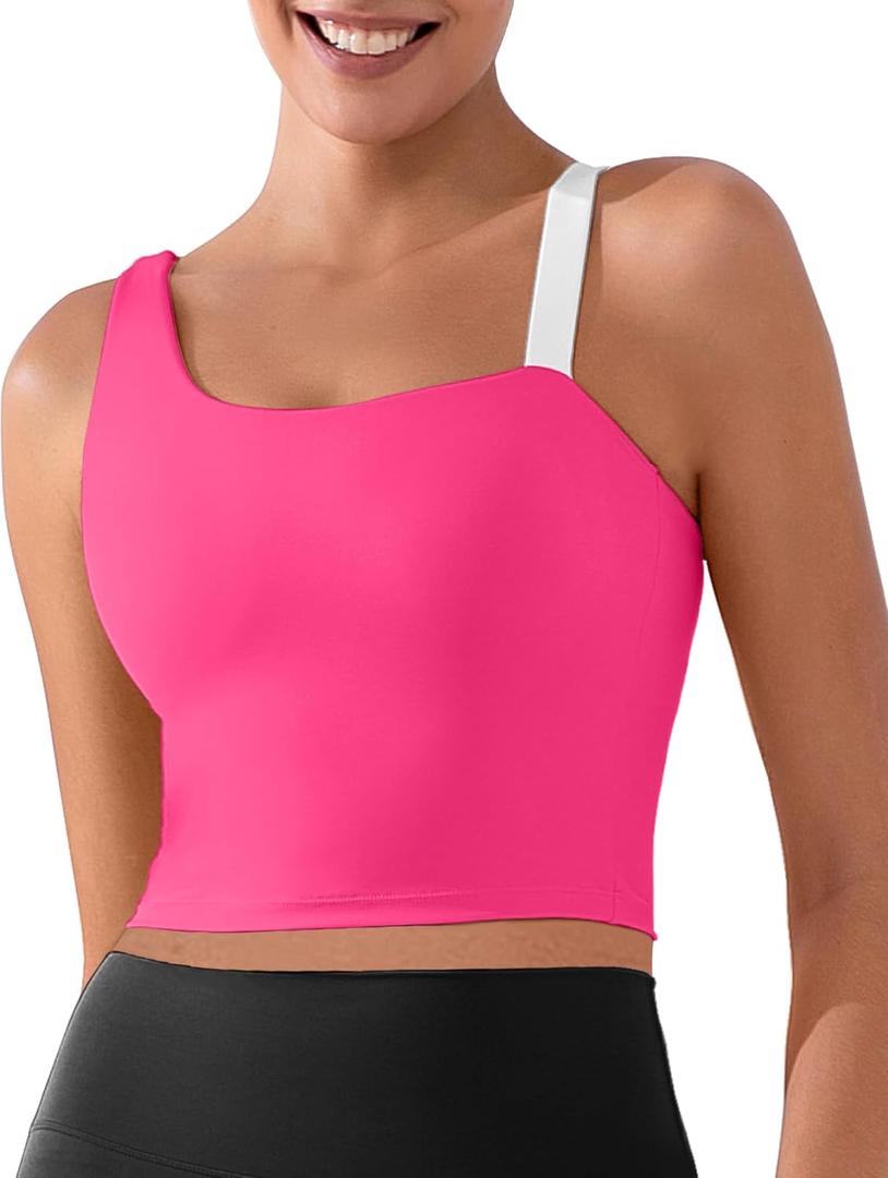 XUNYU Longline Sports Bras for Women One Shoulder Workout Tank Tops Built in Bra Open Back Yoga Top Athletic Gym Shirt (Size Large, Pink Push Up Yoga Crop Top)