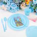 KIRE 150 Piece Blue Plastic Plates Disposable - Blue Dinnerware Set Includes 25 Dinner Plates, 25 Salad Plates, 25 Utensils Set 25 Clear Cups for Birthday/Picnic/Baby Shower/Easter/Spring