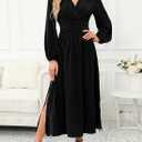 Dokotoo Womens Wrap V-Neck Empire Waist Dress Lantern Sleeve Ruched Side Slit Elegant Maxi Dress