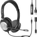 USB & 3.5mm Headset with Mic for Laptop PC,Wired On Ear Computer Headphones with Noise Cancelling Microphone,in-line Control for Office Work,Call Center,Video MeetingBlack