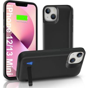 Battery Case for iPhone 12/13 Mini, Real 7000mAh Ultra-Slim Charging Case with Kickstand for iPhone 12 Mini, Rechargeable Extended Backup Battery Charger Cover for 13 Mini - 5.4 inch Black