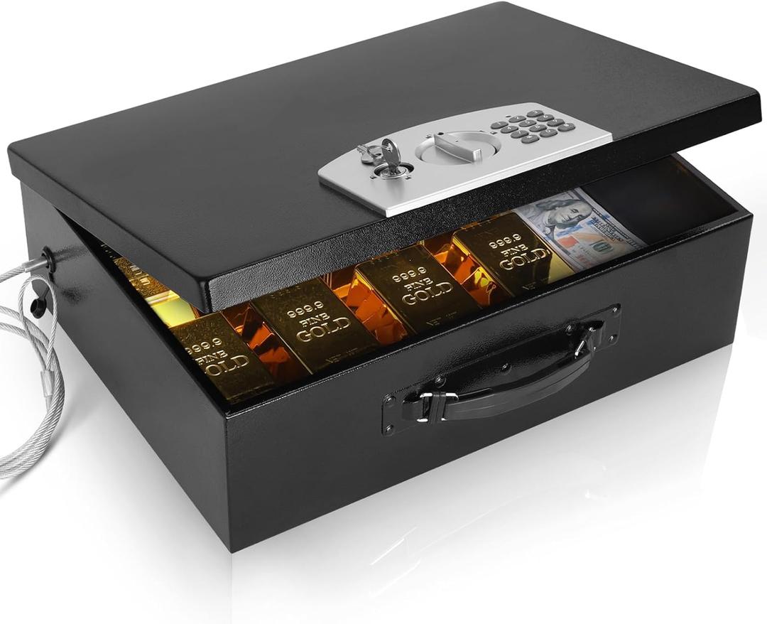 Dalmbox Portable Metal Safe Box with Digital Code Lock,Fire Resistant Storage for Documents, Fireproof Safe Box, Lock Box with Electronic Keypad, Car, Home, Office and Outside, Black XXL