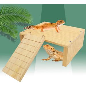 FlidRunest Reptiles Hide, Bearded Dragon Hide Cave with Ladder, Gecko Basking Platform for Tank, Wooden Accessories for Bearded Dragon Lizard Geckos Hamster