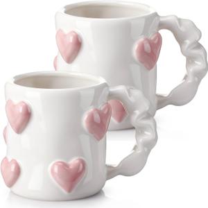 2 Pcs 17oz Valentines 3D Heart Coffee Mugs Pink Heart Ceramic Cups with Handle Valentines Couple Mugs Cute Handmade Relief Cups for Office Home Anniversary, Wedding Engagement Couple Gifts