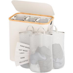 Laundry Hamper with Lid, 160L Dirty Clothes Hamper for Laundry Basket 3 Section, Extra Large Laundry Sorter Hamper 3 Compartment with Removable Inner Bags & Labels, Beige