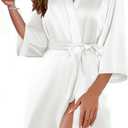 Ekouaer Women's Satin Robes Silk Kimono Bath Robe Short Ruffled Hem Bride Bridesmaid Sleepwear with Pockets (M)