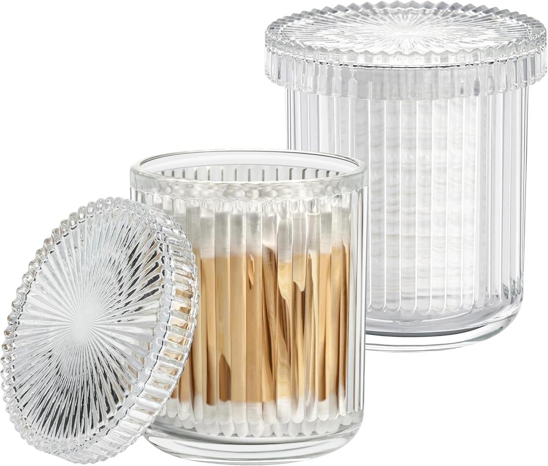 2 Pack Glass Qtip Holder Dispenser - Bathroom Organizers and Storage, Clear Apothecary Jars Set, Bathroom Essentials Accessories Decor, Vanity Makeup Storage Organizer (Clear)