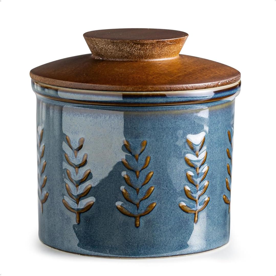 Ceramic Butter Dish with Lid, Butter Crock for Countertop, French Butter Keeper, Elegant Embossed Pattern, Blue (Leaf-3.94"dia)