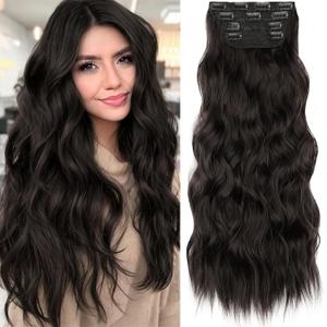 KooKaStyle Clip in Synthetic Hair Extensions Long Wavy 4PCS Thick Hairpieces Dark Brown 6# Fiber Double Weft Natural Hair Extensions 24 Inch for Women (Rich Dark Brown Silky Shine)