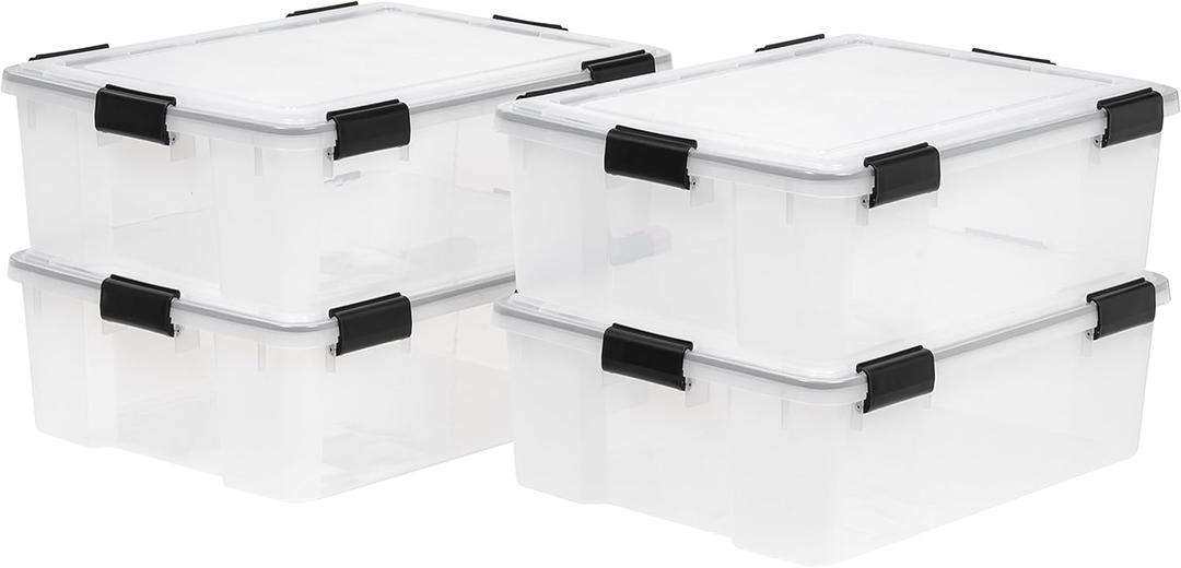 IRIS USA WeatherPro 41 Qt Storage Bins with Lids, 4 Pack, BPA-Free Plastic Gasket Box with Tight Latch and Seal, Stackable Nestable Tote Tub - Clear/Black