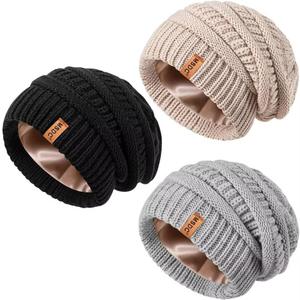 3 Pack Satin Lined Beanie for Women, Warm Slouchy Winter Hats with Silk Lined, Fashionable Oversized Cable Knit Hat Skull Cap (Black, Oatmeal, Gray)