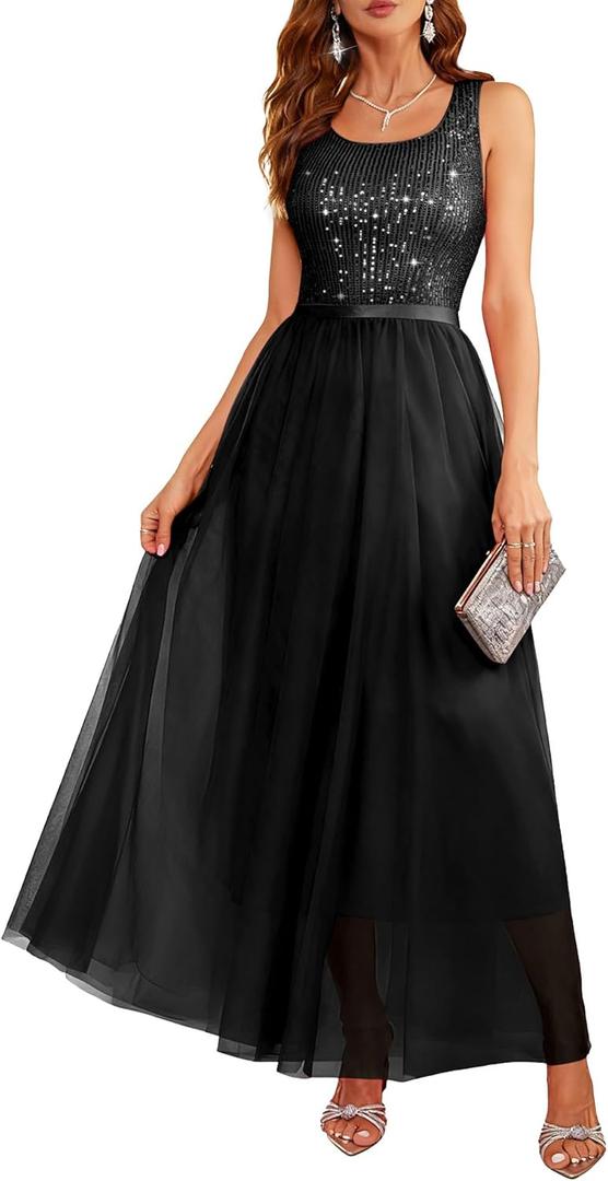 BeryLove Sequin Dress for Woman Vintage A Line Wedding Formal Swing Mesh Dress Sleeveless Cocktail Maxi Gowns (Black, L)