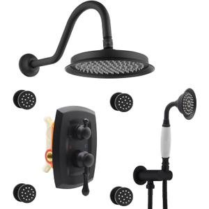Antique Shower System with Body Jets - 9" Wall Mounted Rainfall Head and Vintage Brass Ceramic Handheld Spray, 3 Way Diverter Brass Rough-in Valve Trim Kit, Matte Black