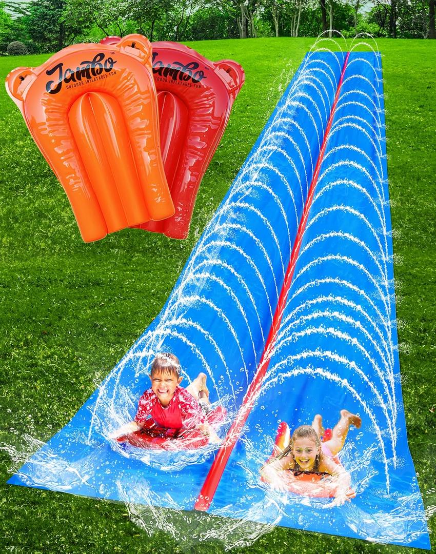 JAMBO 30FT x 8FT XXL MEGA Water Slide and 2 Bodyboard Updated Model Extra Long Extra Wide Slip Splash and Slide for Kids, Heavy Duty Backyard Lawn Waterslide, Outdoor Water Toy, Splash Mat Splash Pad (Double Lane 30FT)