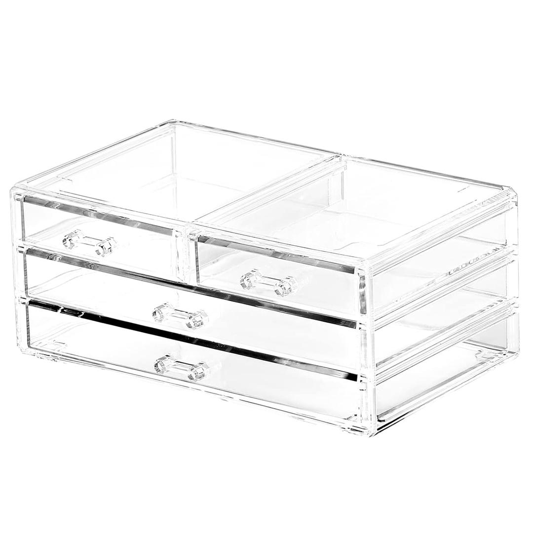 Cq acrylic Bathroom Organizer with 4 Drawers,Stackable Containers for Organizing with Drawers for Vanity Counter and Desk,Plastic Clear Storage Drawers for Cabinet Makeup,Craft,Beauty Supplies,1Pcs (2 Small Drawers, 2 Long Drawers)